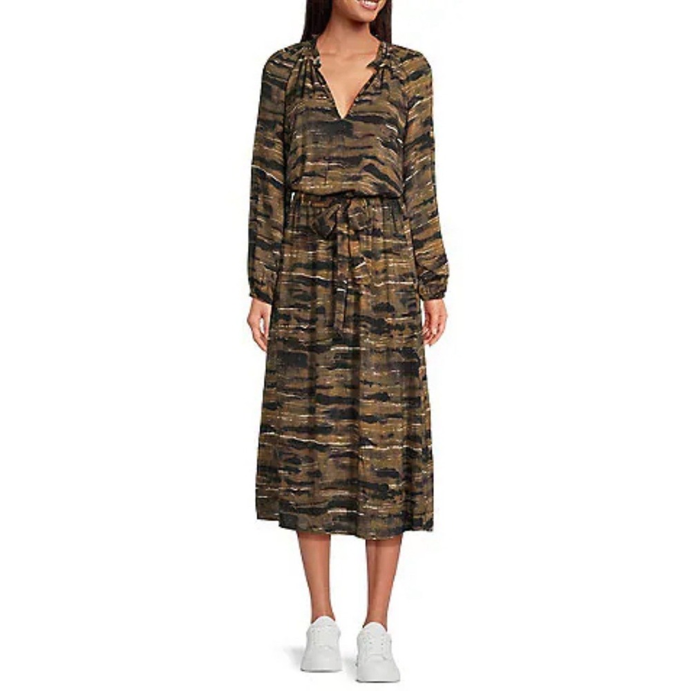 Anthropologie Cloth & Stone‎ Size L Ruffled V-Neck Belted Midi Dress